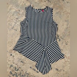 Asymmetrical chiffon sleeveless blouse with navy blue & white stripe pattern